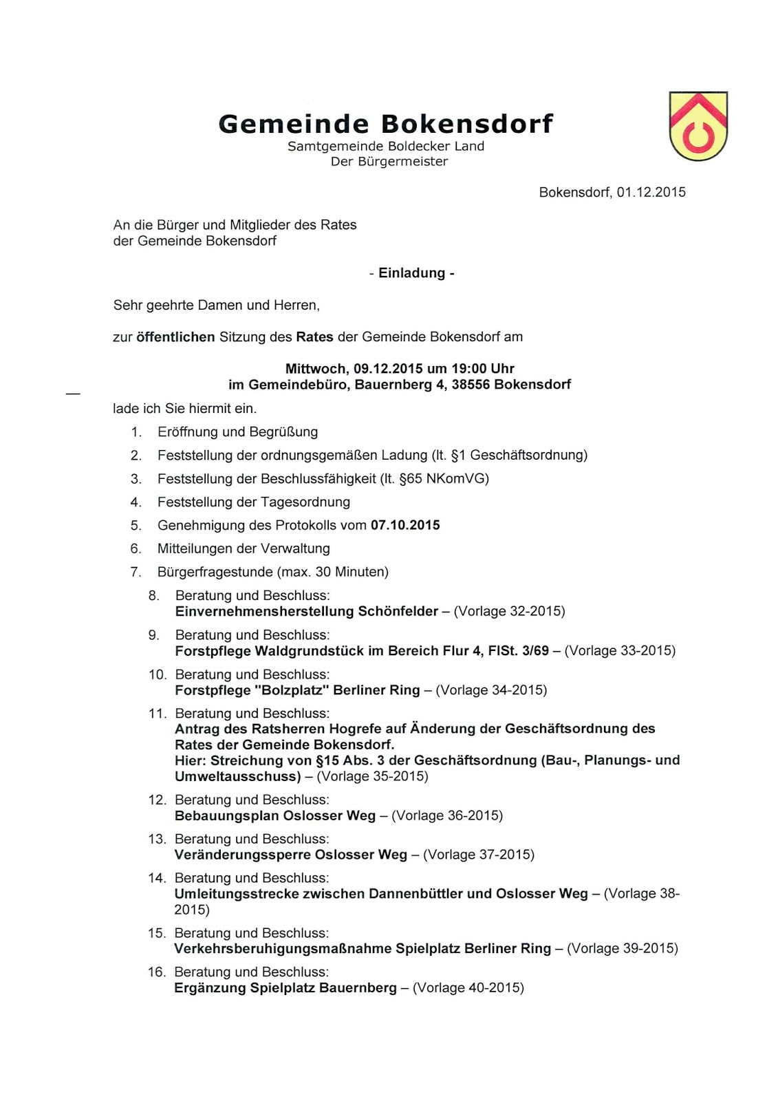 Einladung und Tagesordnung zur öffentlichen Sitzung des Rates der Gemeinde Bokensdorf