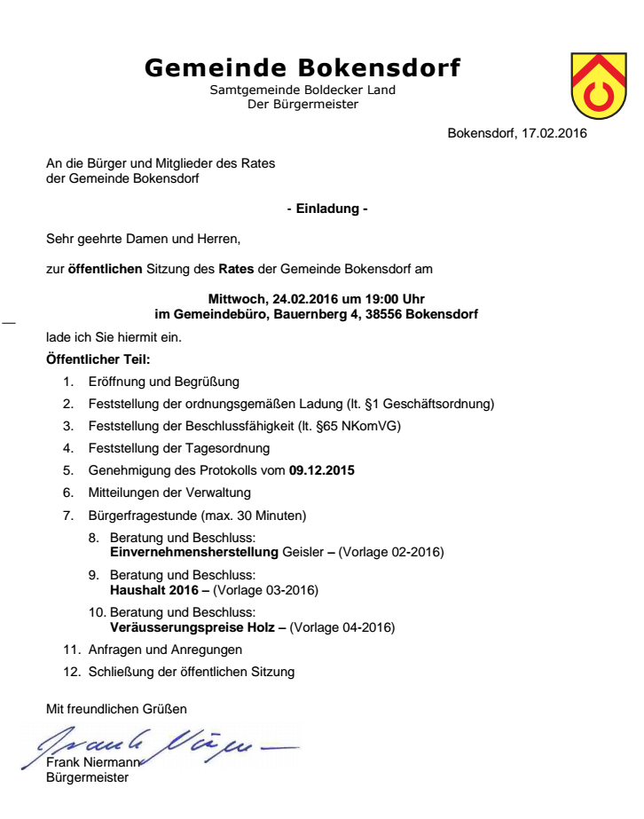 Einladung und Tagesordnung zur öffentlichen Sitzung des Rates der Gemeinde Bokensdorf