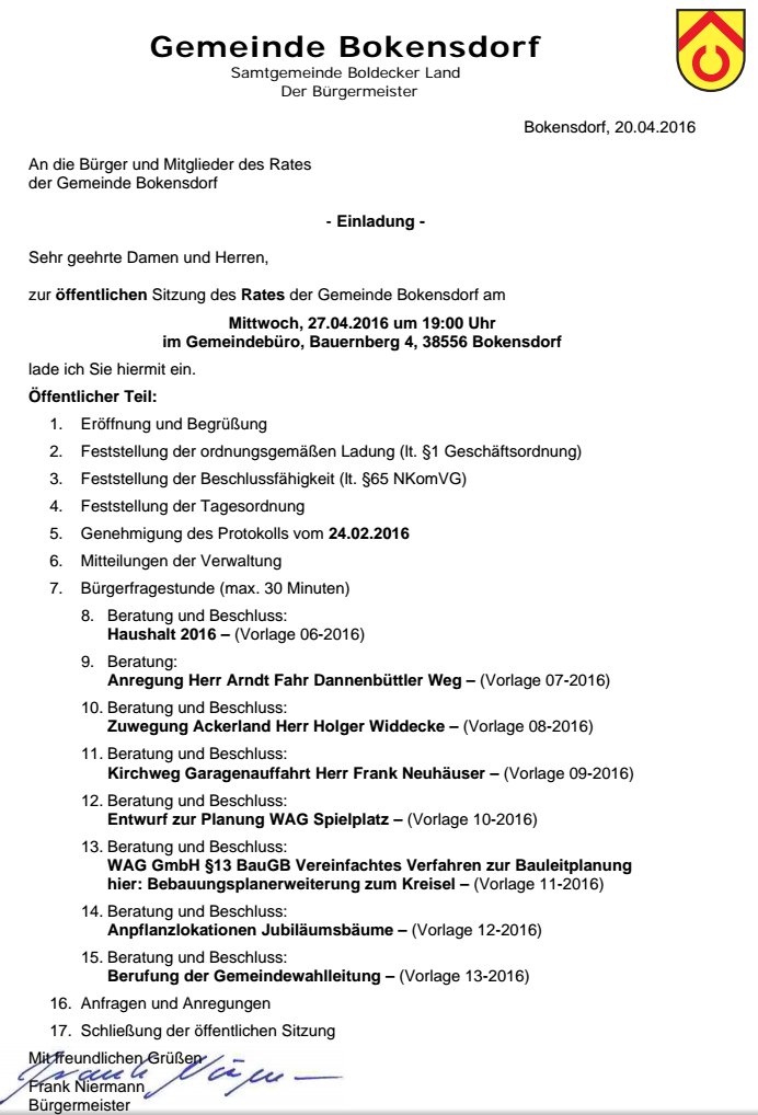 Einladung und Tagesordnung zur öffentlichen Sitzung des Rates der Gemeinde Bokensdorf am 24.04. 19Uhr