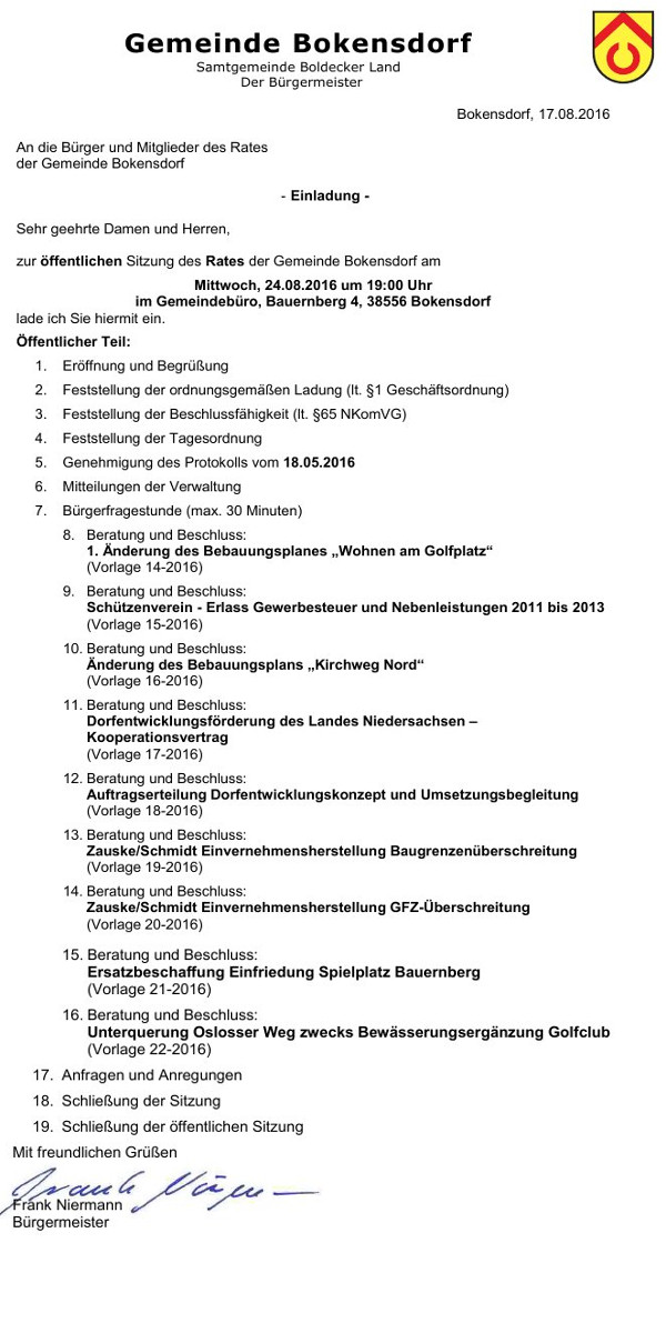 Einladung und Tagesordnung zur öffentlichen Sitzung des Rates der Gemeinde Bokensdorf