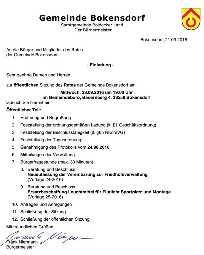 Einladung zur öffentlichen Ratssitzung der Gemeinde Bokensdorf
