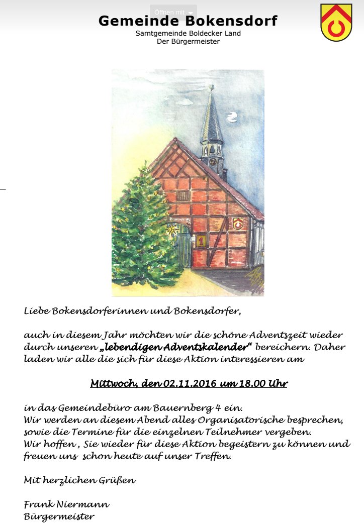 Einladung zur Organisation des lebendigen Adventskalenders in Bokensdorf