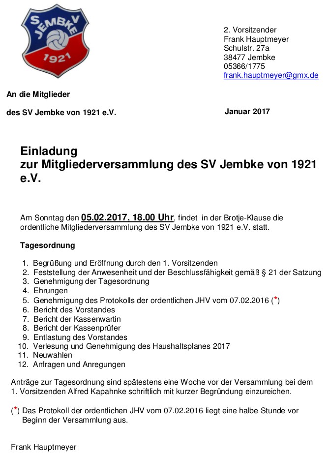 SV Jembke: Einladung zur Jahreshauptversammlung am 5.2.2017