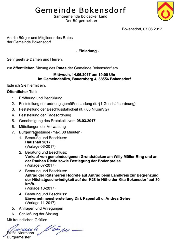 Einladung zur öffentlichen Ratssitzung der Gemeinde Bokensdorf