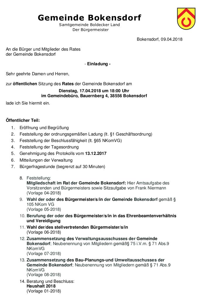 Ratssitzung in Bokensdorf – Neuwahl Bürgermeister*in
