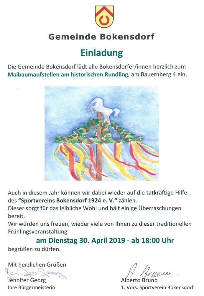 Einladung zum Maibaumaustellen am historischen Rundling in Bokensdorf