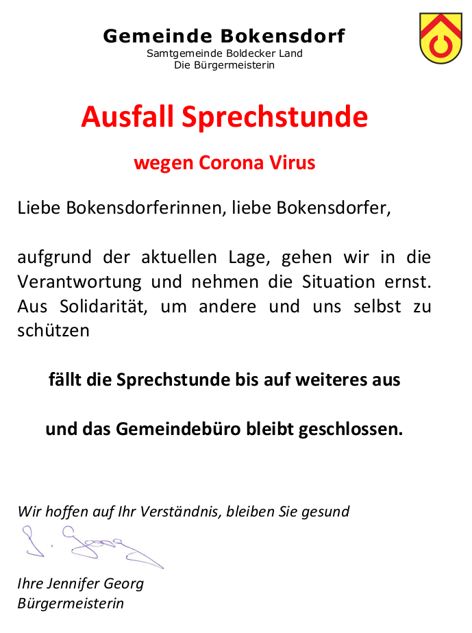 Ausfall Sprechstunde Gemeinde Bokensdorf