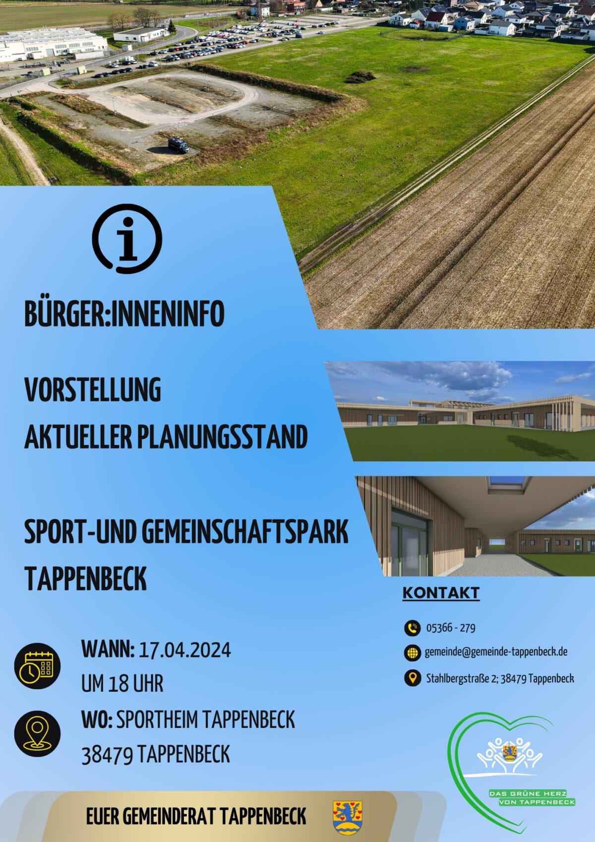 Einladung zum Infoabend am Mittwoch, 17.04.2024 um 18 Uhr in das bestehende Sportheim der Gemeinde Tappenbeck